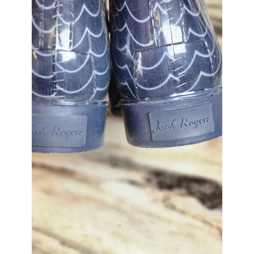 Jack Rogers Chloe‎ Navy Blue Scalloped Wave Chelsea Rain Boots Womens Size 6M